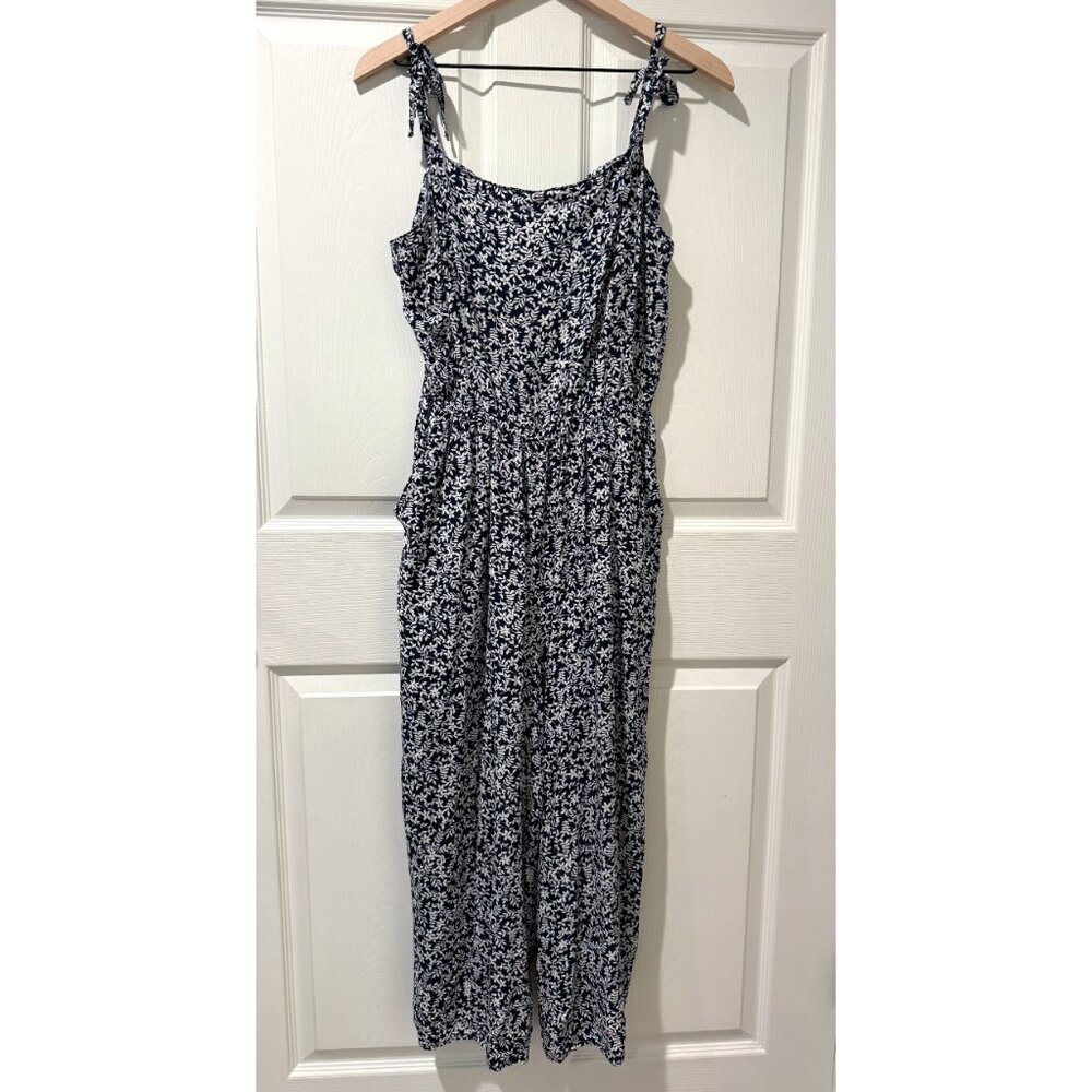 Gap Cami Jumpsuit Navy Blue White Floral Spaghetti Strap Cropped Wide Leg LG